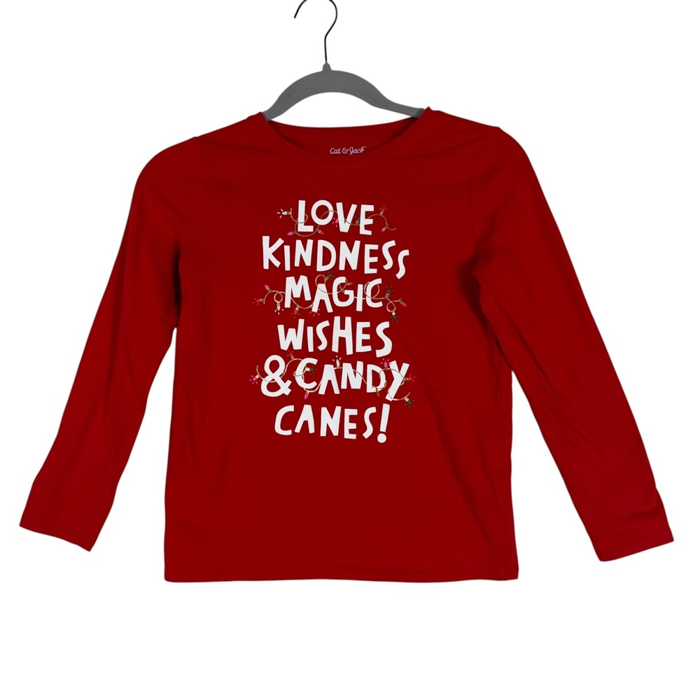 Cat & Jack Shirt Kids M 7-8 Red Love Kindness Candy Canes Christmas Graphic Tee